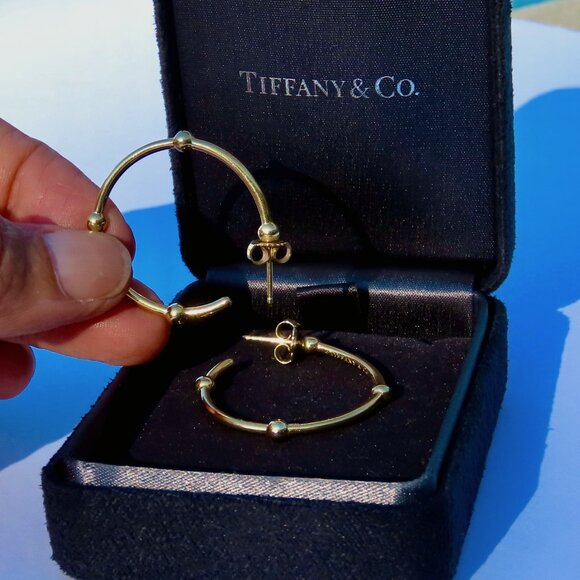 Tiffany & Co 18k 750 Yellow Gold Large Rondelle Ball Hoop Earrings - Picture 1 of 10